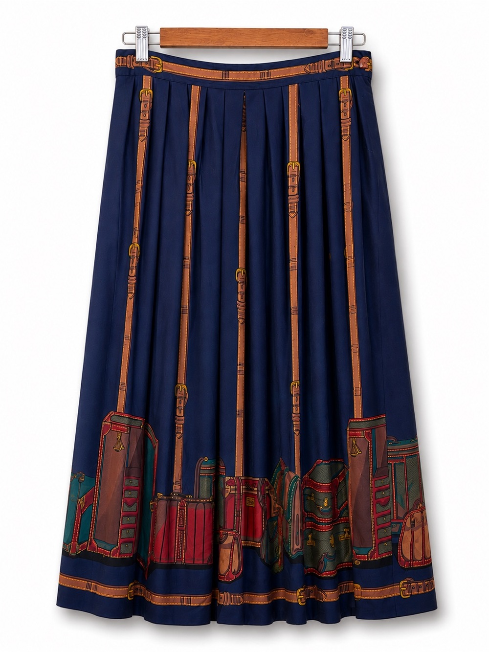 Herman Geist | Vintage Navy Print Pleated Luggage Statement Maxi Skirt 12